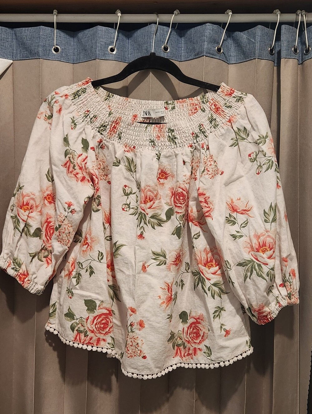 Zara White Floral Off-Shoulder Smocked Blouse with Coral Roses